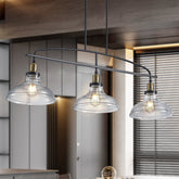 45" Industrial 3-Light Pendant Chandelier with Clear Glass Shades, Black Metal Frame, Adjustable Height, Modern Farmhouse Lighting for Kitchen Island, Dining Room, or Living Room (Bulb Not Included)