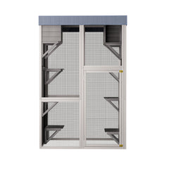 70.5" Tall Wooden Catio Outdoor Cat Enclosure, Gray Cat House Large Solid Wood Cage Playpen with 6 Jumping Platforms & 2 Napping Houses, Movable tarp cover