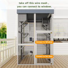 70.5" Tall Wooden Catio Outdoor Cat Enclosure, Gray Cat House Large Solid Wood Cage Playpen with 6 Jumping Platforms & 2 Napping Houses, Movable tarp cover