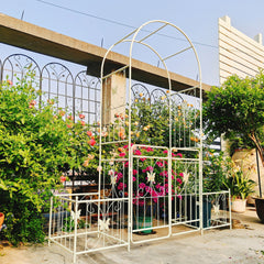 Metal Garden Arch with Gate 79.5'' Wide x 86.6'' High Climbing Plants Support Rose Arch Outdoor Cream White