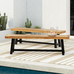 Acacia Outdoor Bench,Sandblast Teak Finish and Black, set of 2pcs