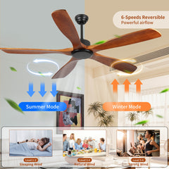 60 Inch wood Ceiling Fan no light with Remote Control, Low Profile Ceiling Fan without Light,Noiseless Reversible DC Motor with Timer