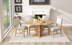 TREXM Farmhouse 5-Piece Dining Table Set with 4 Upholstered Chairs, Wood Extendable Dining Table with 15.7" Leaf for Extra Seating for Dining Room, Kitchen and Living Room (Natural Wood Wash)