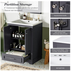 24'' Bathroom Vanity with Ceramic Sink Combo, Modern Freestanding Storage Cabinet with Silver Handles, Soft Closing Doors