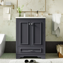 24'' Bathroom Vanity with Ceramic Sink Combo, Modern Freestanding Storage Cabinet with Silver Handles, Soft Closing Doors