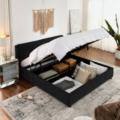 King Size Storage Upholstered Hydraulic Platform Bed with Integrated Headboard, Chenille Fabric, Black
