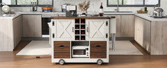 K&K 54" Farmhouse Kitchen Island with Drop Leaf, Power Outlet, Kitchen Storage Cart with 2 Doors, 2 Drawers, Rolling Kitchen Island on 4 Large Wheels with Spice Rack for Kitchen, Dining Room, White
