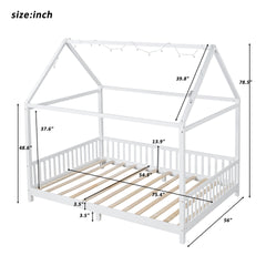 Wood Full Size House Bed with Guardrail and LED, White