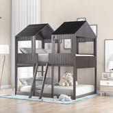 Full Over Full WoodBunk Bed with Roof, Window, Guardrail, Ladder(Antique Gray)