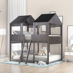 Full Over Full WoodBunk Bed with Roof, Window, Guardrail, Ladder(Antique Gray)