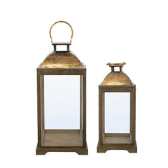 S/2 Brown Wooden Lanterns with Clear Glass Panels and Gold Metal Dome Accents