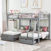 Full Over Twin & Twin Bunk Bed, Wood Triple Bunk Bed with Drawers and Guardrails, Gray