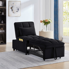 4 in1 Multi-Function Single Sofa Bed with Storage Pockets,Tufted Single Pull-out Sofa Bed with Adjustable Backrest and Pillows ,Convertible Chaise Lounge,Black