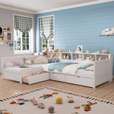 Twin Size Day Bed for 2, L- Shape Twin Size Bed Frame with Storage 3 Drawers, Wooden Corner Bed with Bookshelf, Corner Bed Frame For Bedroom, Living Room,White