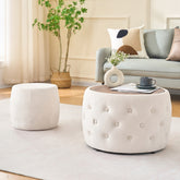 Luxurious Velvet Nesting Ottomans of 2, 4-in-1 Function, Round Storage Foot Stool with Wood Tray, No Assembly Needed, Beige (22.75"x22.75"x15"H)
