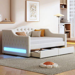 Upholstered Twin XL Size Daybed with LED Belt and 2 Drawers, Beige