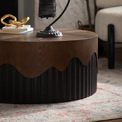 30.31" Round Coffee Table Handcrafted Relief Sturdy Pedestal Wooden Tea Table for Living Room no need to Assemble