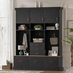 U-Can 75'' H Entryway Hall Tree with Bench and Storage, 5-in-1 Modern Hall Tree with Coat Rack, 6 Drawers, 3 Cabinets and 3-Tier Top Storage for Hallway, Entryway, Living Room, Mudroom