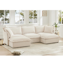 Slipcovered U Shape Sectional Deep Seat Sofa Couch, 3 Seater Sofa with French Edges Design Multiple Big Pillows, Modular Deep Seat Sectional Sofa Comfy Cloud Couch for Living Room, Apartment,Chenille