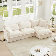 L-Shaped Slipcovered Sectional Sofa Couch, Comfy Chenille Deep Seat Cloud Couch with Convertible Ottoman & 2 Big Pillows, Modern Oversized 3 Seater Slipcovered Sofa Set for Living Room Office, Cream