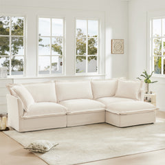 L-Shaped Slipcovered Sectional Sofa Couch, Comfy Chenille Deep Seat Cloud Couch with Convertible Ottoman & 2 Big Pillows, Modern Oversized 3 Seater Slipcovered Sofa Set for Living Room Office, Cream