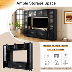 VIBE HAUS 102" W Wall Unit Modern Entertainment Center with Glass Doors for TVs up to 75", Large Minimalist TV Stand Media Console with Drawers for Living Room