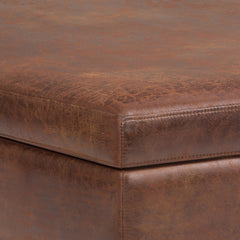 Owen 40 inch Wide XL Square Coffee Table Storage Ottoman in Distressed Saddle Brown Vegan Leather