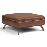Owen 40 inch Wide XL Square Coffee Table Storage Ottoman in Distressed Saddle Brown Vegan Leather
