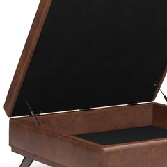 Owen 40 inch Wide XL Square Coffee Table Storage Ottoman in Distressed Saddle Brown Vegan Leather