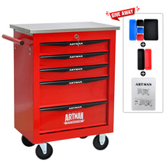 5 Drawers Multifunctional Tool Cart with Wheels,Metal Rolling Tool Cart Storage for Garage Workshop Warehouse Repair Shop--With Stainless Steel Roof--Red&Black
