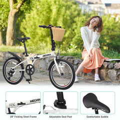 20 Inch Folding Bike for Adults with Basket, Phone Holder & Fenders, Steel Frame 6-Speed City Commuter, Dual V-Brake Portable Compact Bicycle for Men & Women