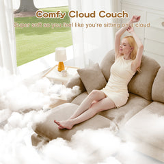 Cloud Sectional Couches,Premium Chenille Fabric Paired With Soft Throw Pillows ,Tufted Cushion Backrest Design High-Density Foam Ergonomic Design Easy Install Elegant Armrests,Fits Bedrooms,Camel