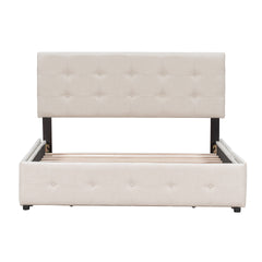 Upholstered Platform Bed with Classic Headboard and 4 Drawers, No Box Spring Needed, Linen Fabric, Queen Size Beige