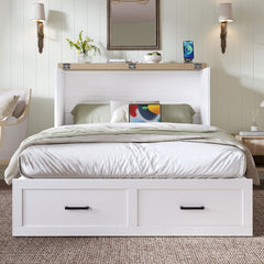 Murphy Bed Cabinet Full Size with Charging Station, Multi-Functional Foldable Platform Bed with 1 Large Storage Drawer for Guest Room, Small Bedroom, White