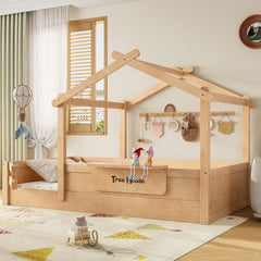 Twin Size Floor Bed with Guardrails and Roof, Kids House Floor Bed with a Small Built-in Tray and Free-installed Signboard, Childlike Design, Natural