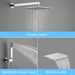 Rain Shower System Chrome, Tub Shower Faucet Set 10 Inch Square Rainfall Shower Head with Handheld Sprayer and Waterfall Tub Spout Pressure Balance