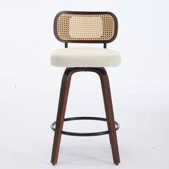 Set of 2 Counter Height Bar Stools - 26 inch Rattan Counter Height Stools with Cane Back, Upholstered Seat, Walnut Craftsmanship, Swivel Counter Stools for Island/Kitchen/Counter/Bar (Walnut /Beige)