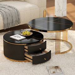 Modern 2 Pieces Black Round Nesting Coffee Table with Drawers in 27.6''