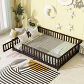 Queen Size Floor Bed with Fence,Door,Rubber Wood Floor Bed with Safety Guardrails,Espresso