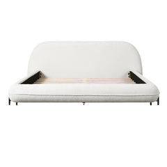 Queen Size Upholstered Bed Frame with Boucle Fabric and Steel Legs, White