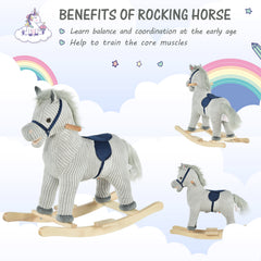 Qaba Kids Rocking Horse for Toddler 3-5, Plush Ride on Horse Wooden Rocker with Realistic Sounds, Gray