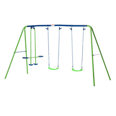 Outsunny Metal Swing Set with Glider, Two Swing Seats and Adjustable Height, Outdoor Heavy Duty A-Frame Suitable for Playground, Backyard, Green