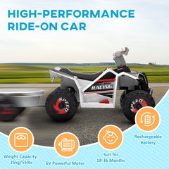 Aosom Kids ATV Quad Car with Back Trailer, 6V Electric Ride On Car with Forward Backward Function, Wear-Resistant Wheels for Toddlers Ages 18-36 Months, White