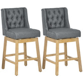 HOMCOM Bar Height Bar Stools Set of 2, 180 Degree Swivel Barstools, 30" Seat Height Bar Chairs with Solid Wood Footrests and Button Tufted Design, Gray