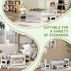 Qaba 3 Piece Kids Table and Chair Set, 2 in 1 Toddler Table and Chair Set with Reversible Tabletop Blackboard, Storage & Bookshelves for Playroom, Nursery, Gray