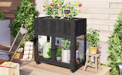 TOPMAX Patio 35.4''x17.7''x37.4'' Mini Wood Cold Frame, Compact 2 Doors Garden Greenhouse with Wheels, Raised Bed with Liner for Indoor Outdoor Use, Black