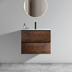 TIA 24" Wall Mounted Walnut Bathroom Vanity with Ceramic Sink with one faucet hole, Large Storage Floating Bathroom Vanity for Modern Bathroom, One-Piece Basin without Drain and Faucet, Pre-assembled