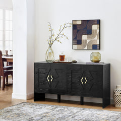 60" Mid Century Modern Sideboard Buffet Cabinet with Storage, TV Media Console, Storage Cabinet with Geometric Pattern & Adjustable Shelves for Kitchen Dining Living Room Entryway Hallway, Black