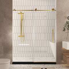 Frameless shower door 44-48"W x 76" H, 1/4 "(6 mm) Clear Tempered Glass, Explosion Proof Film, Stainless Steel Handle,Brushed Gold