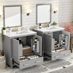 60" Grey Bathroom Vanity Set with Double Vanities (Separate), Double Ceramic Sinks, Storage Shelf, and Divided Drawers (Mirror not included)– Modern Bathroom Solution for Spacious Bathrooms